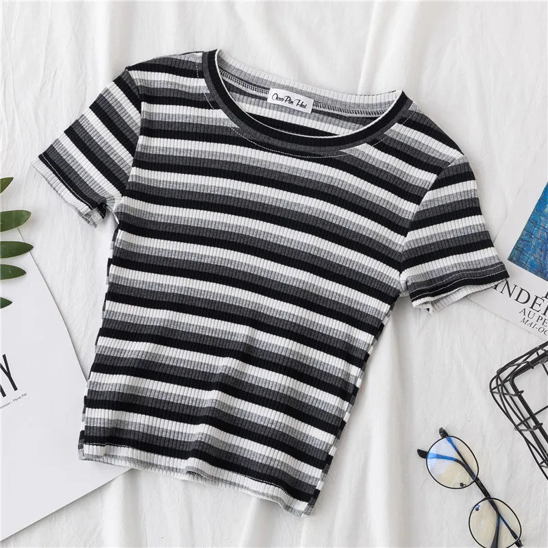 EGOROVA Women's Casual Striped Art-Patterned Summer T-Shirt (DF-3466/xdh)