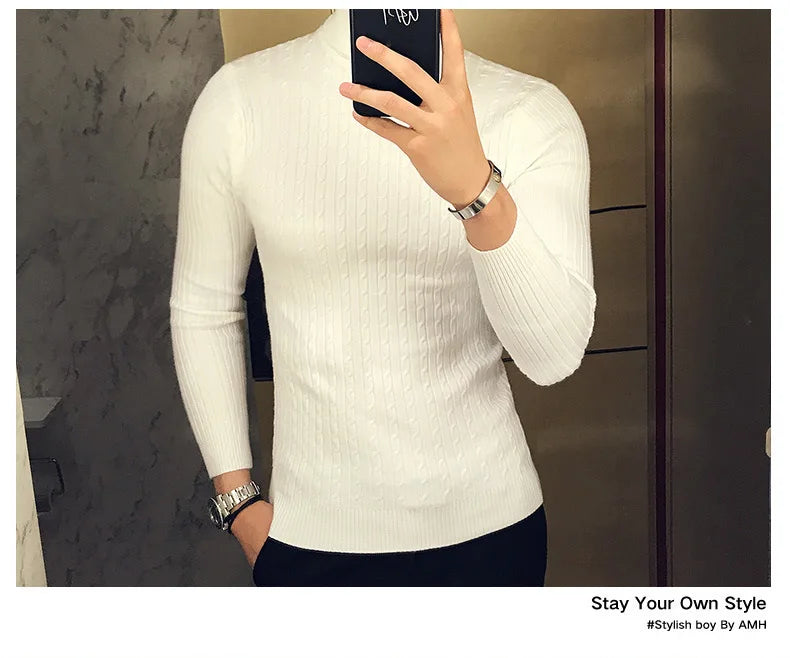 Casual Men Winter High Solid Color Sweater Turtleneck Brand Mens White Sweaters Slim Knitted Fit Pullover Twist Striped Knitwear