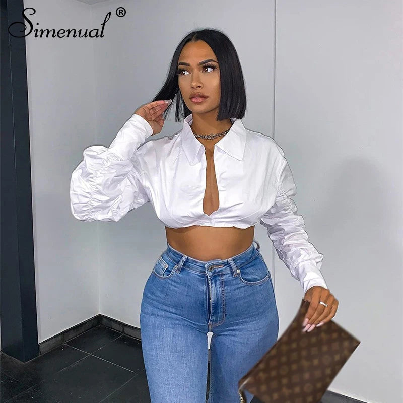 Simenual Button Ruched White Puff Sleeve Blouse Shirts Women Long Sleeved Fashion