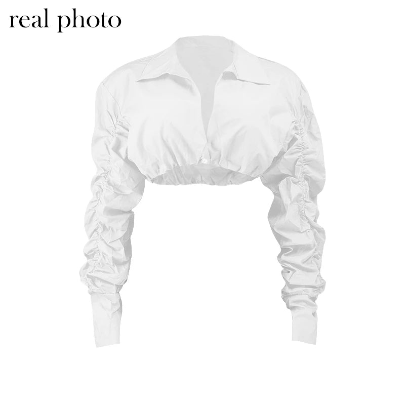 Simenual Button Ruched White Puff Sleeve Blouse Shirts Women Long Sleeved Fashion