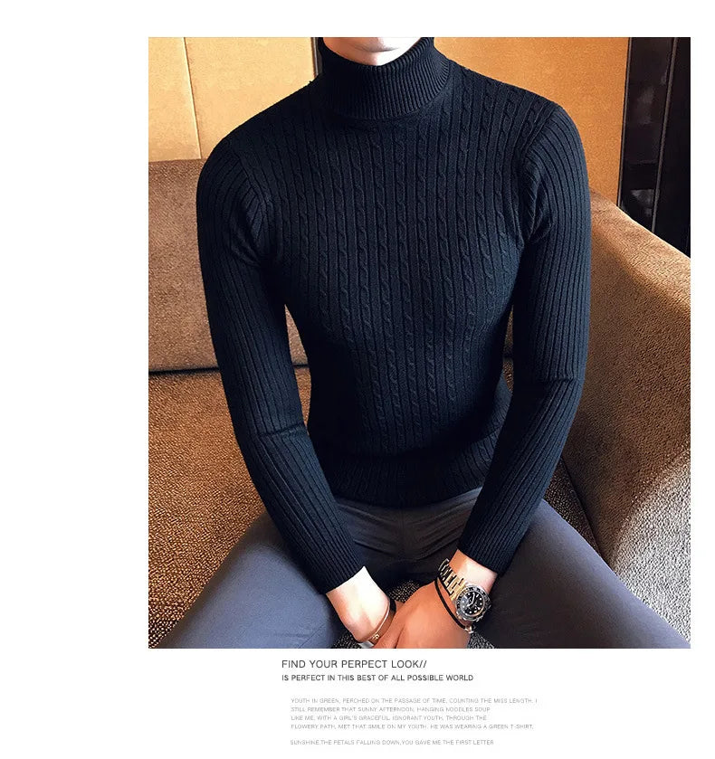 Casual Men Winter High Solid Color Sweater Turtleneck Brand Mens White Sweaters Slim Knitted Fit Pullover Twist Striped Knitwear