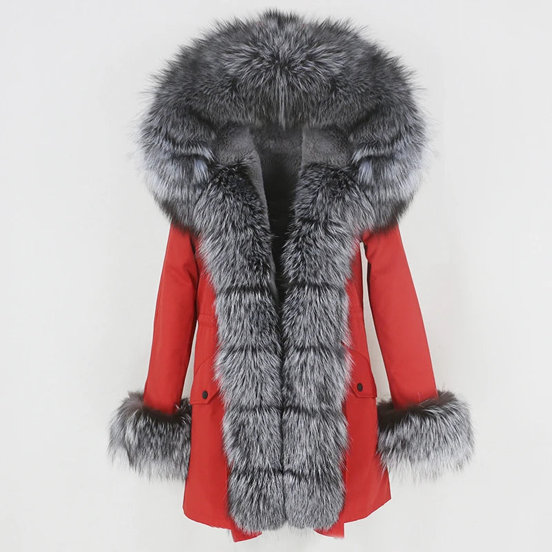 Winter Jacket Women Real Fur Coat Natural Real Fox Fur Collar Loose Long Parkas Big Outerwear Detachable