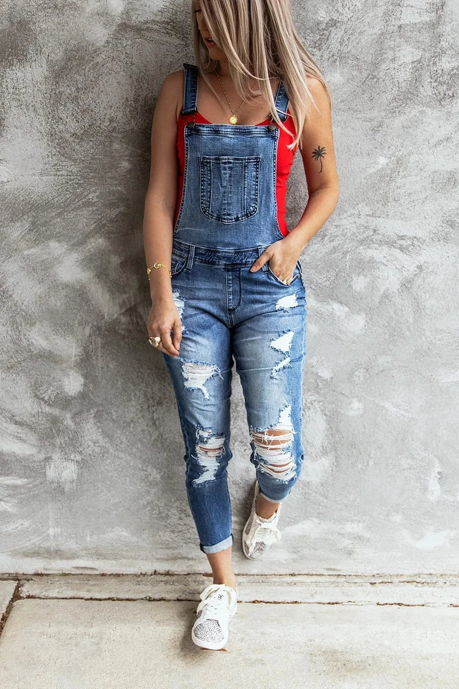 Women jeans  Retro Denim Bib Overalls Jumpsuits and Rompers Ladies Ripped Hole Casual Jeans.