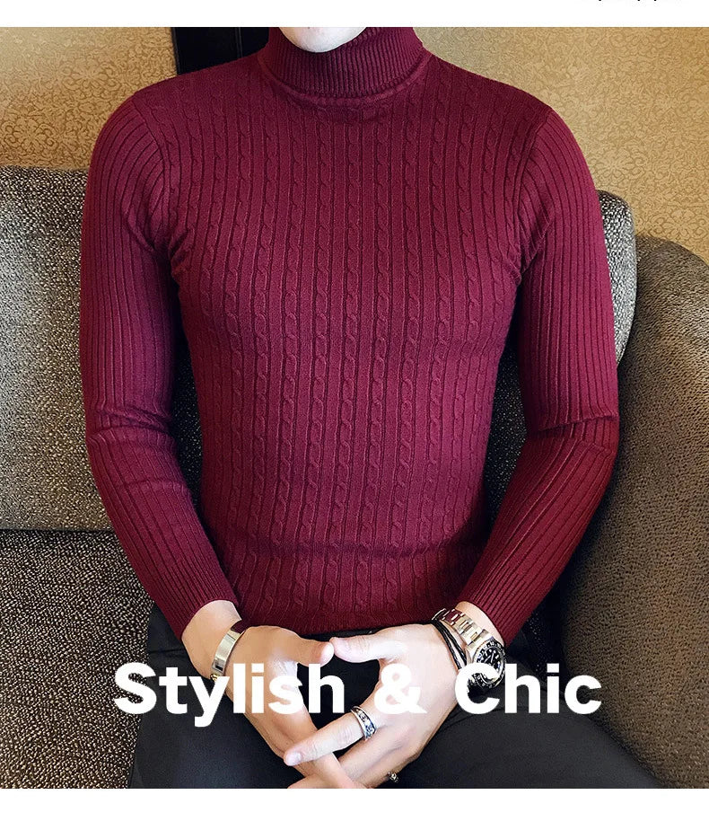 Casual Men Winter High Solid Color Sweater Turtleneck Brand Mens White Sweaters Slim Knitted Fit Pullover Twist Striped Knitwear