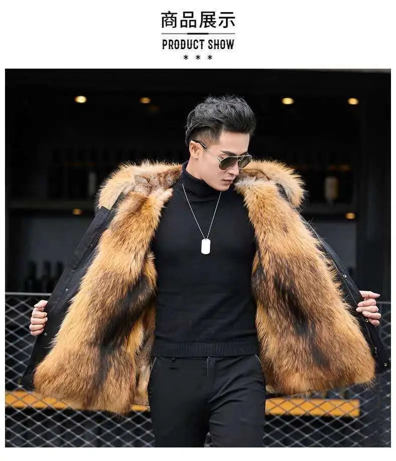 HANZANGL Men's Fur Coat 2022 Winter High Quality Fashion With Fur Hooded Lined Thick Warm Outerwear Mid-length With Long