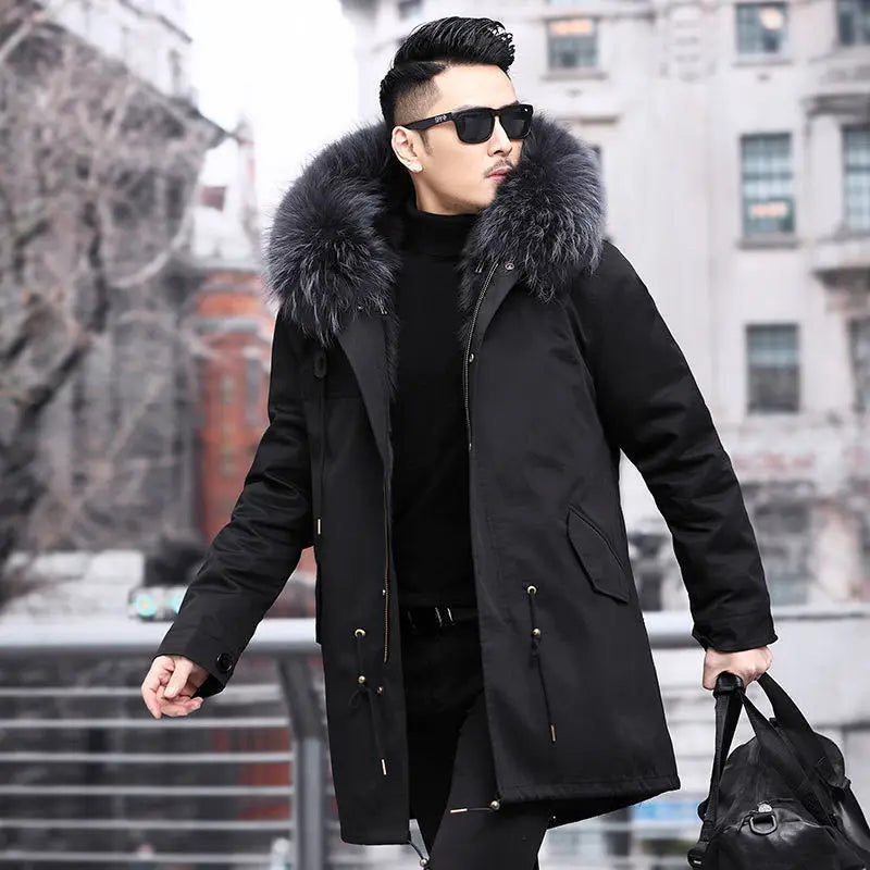 HANZANGL Men's Fur Coat 2022 Winter High Quality Fashion With Fur Hooded Lined Thick Warm Outerwear Mid-length With Long