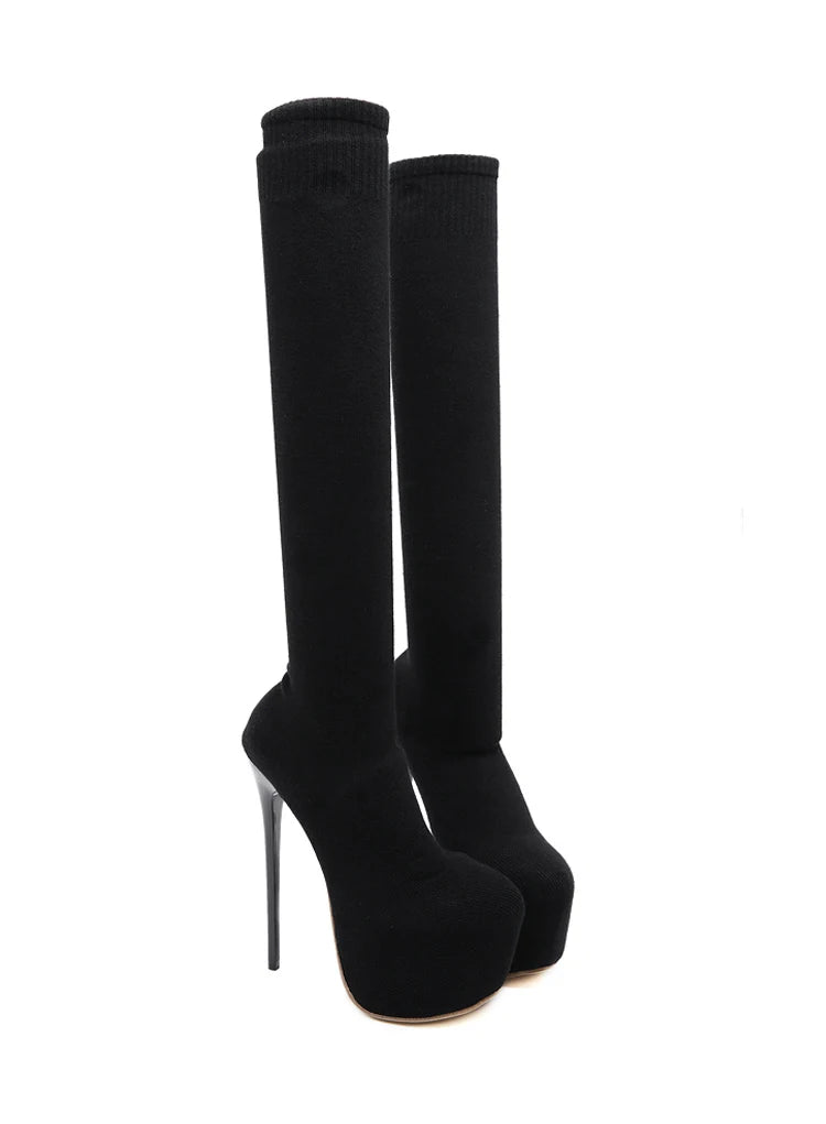 Eilyken Over-the-Knee Motorcycle Boots for Women – Platform, Thin Heels, Stretch Fabric, Super High Heel