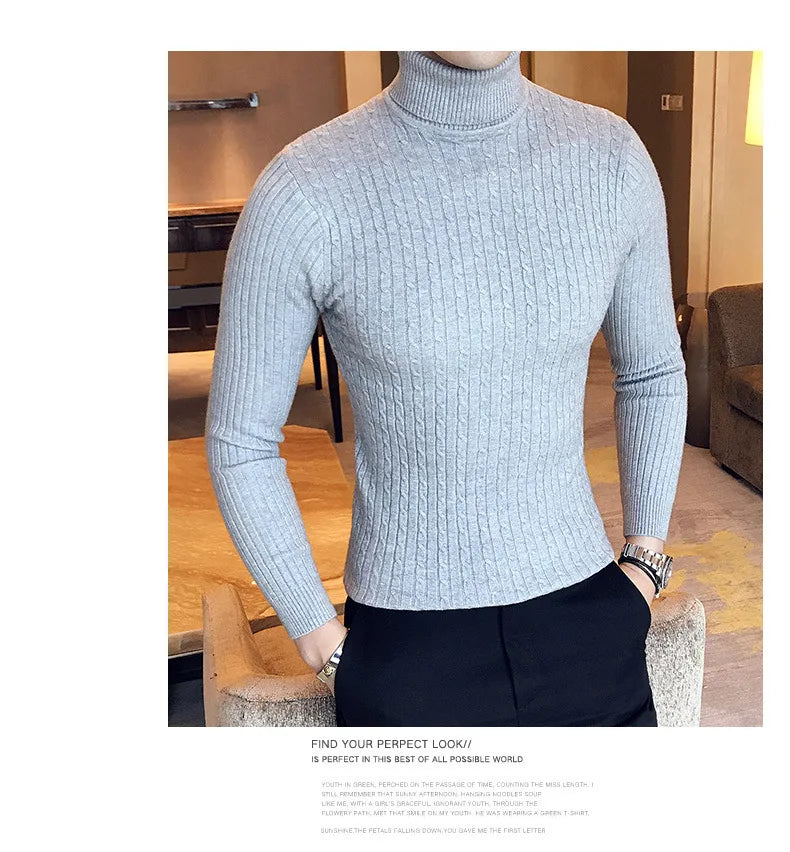 Casual Men Winter High Solid Color Sweater Turtleneck Brand Mens White Sweaters Slim Knitted Fit Pullover Twist Striped Knitwear