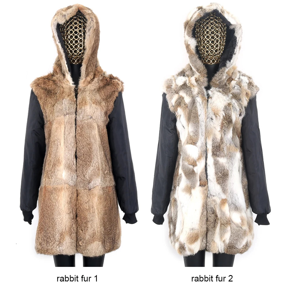 Thick Real Fur Coat Big Raccoon Collar Hooded Jacket Detachable Rabbit Fur Lining Winter Women's Clothing