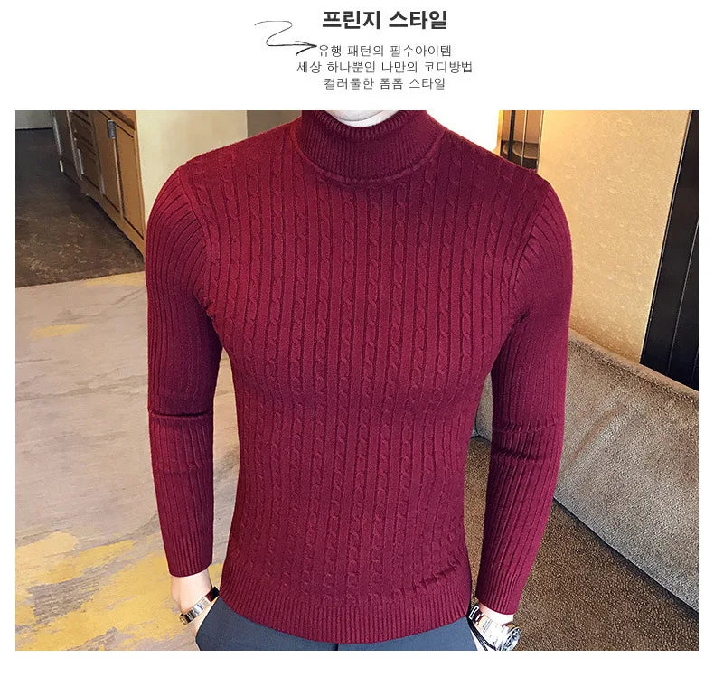 Casual Men Winter High Solid Color Sweater Turtleneck Brand Mens White Sweaters Slim Knitted Fit Pullover Twist Striped Knitwear