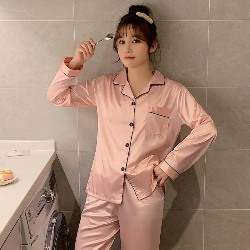 Song of Silk Women's Satin Pajama Set - Full-Length Silk Sleepwear for Autumn