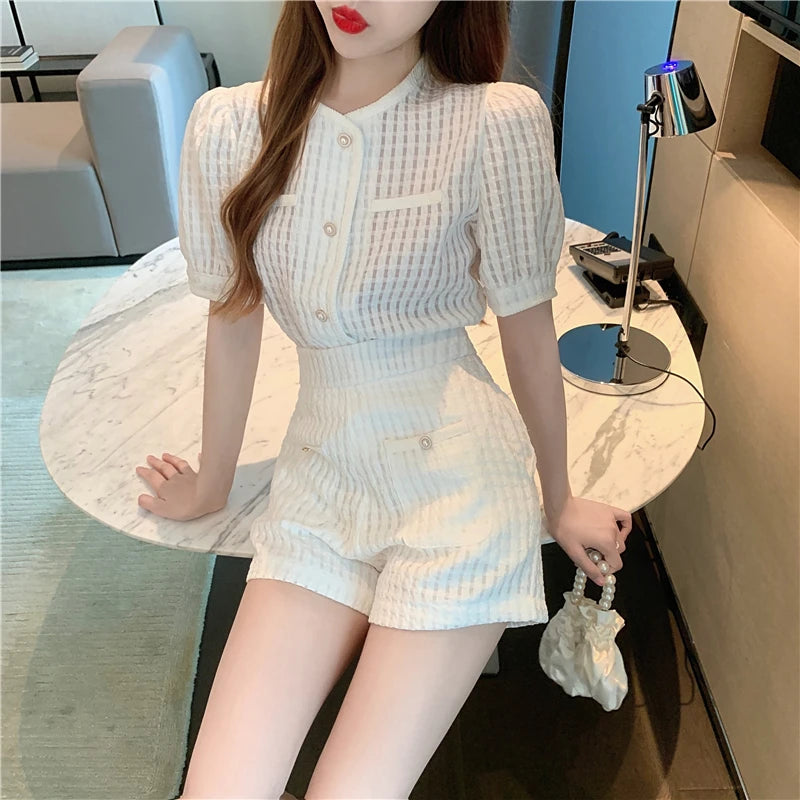 New Summer Elegant Women Blue Shorts Set Fashion Puff Sleeve Single Breasted White  Plaid Top High Waist Shorts 2 Piece Sets