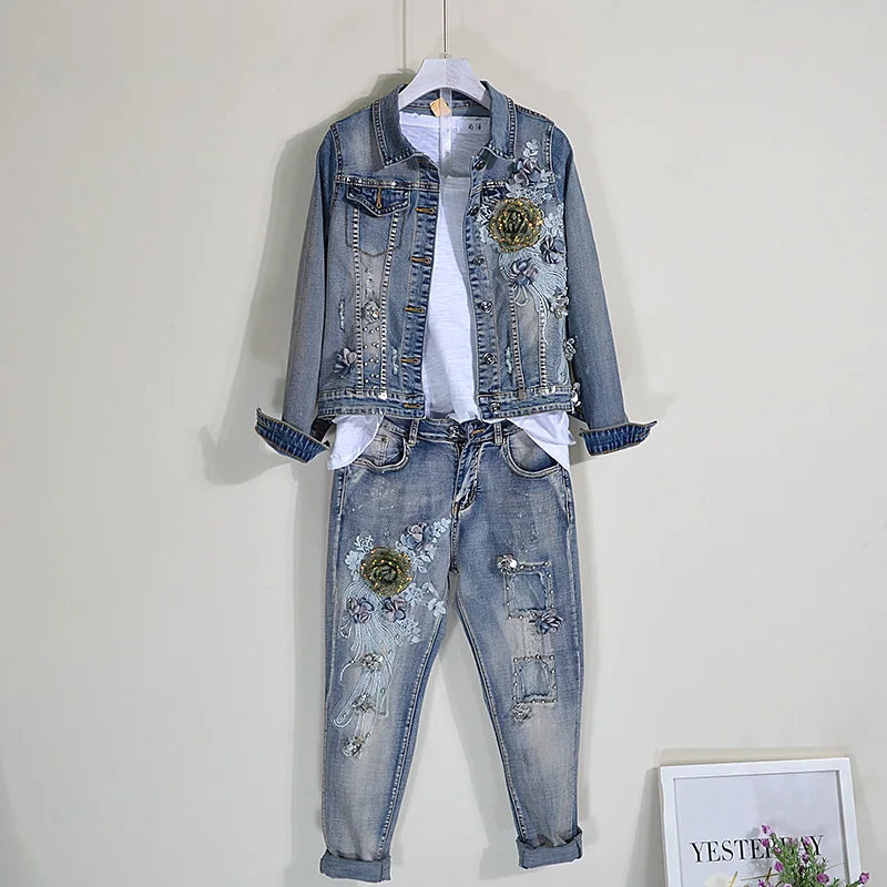 Two Piece Set Spring and Autumn Beads Sequin with Holes Jeans + Tops  Women's Jeans jacket