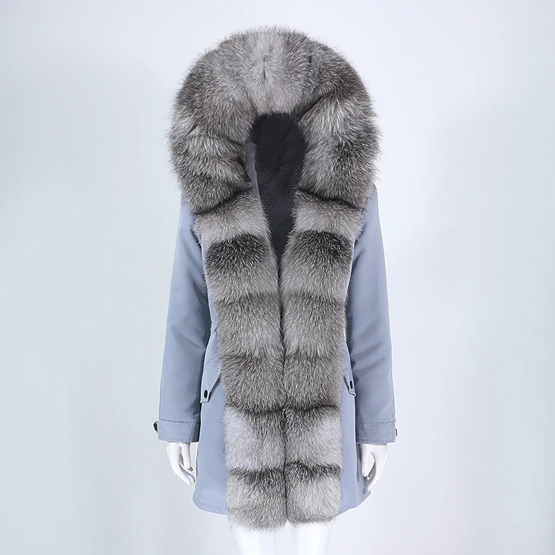 Winter Jacket Women Real Fur Coat Natural Real Fox Fur Collar Loose Long Parkas Big Outerwear Detachable