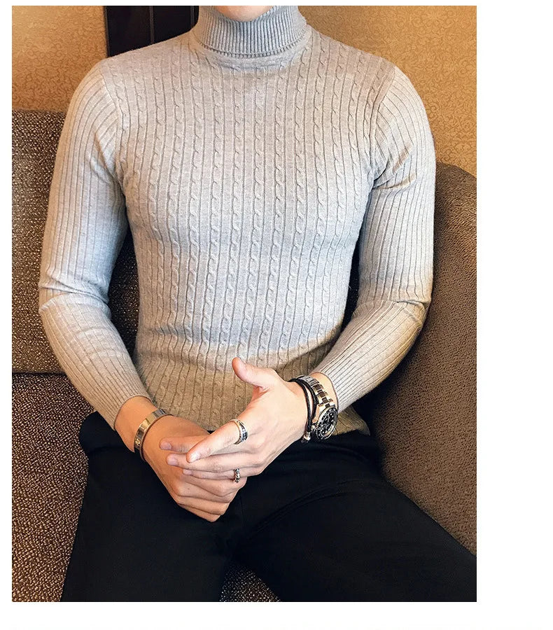 Casual Men Winter High Solid Color Sweater Turtleneck Brand Mens White Sweaters Slim Knitted Fit Pullover Twist Striped Knitwear