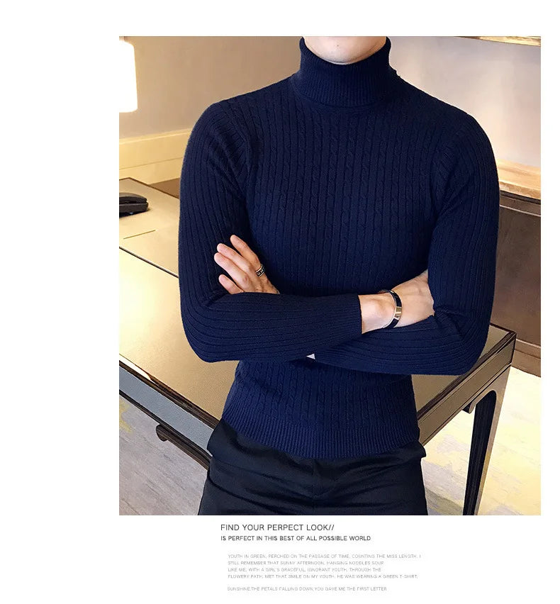 Casual Men Winter High Solid Color Sweater Turtleneck Brand Mens White Sweaters Slim Knitted Fit Pullover Twist Striped Knitwear