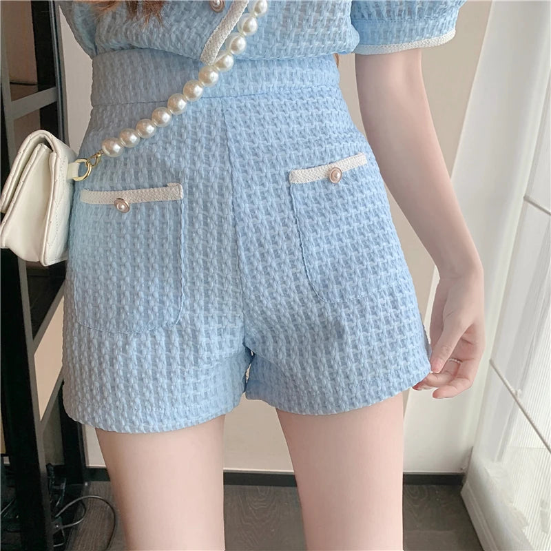 New Summer Elegant Women Blue Shorts Set Fashion Puff Sleeve Single Breasted White  Plaid Top High Waist Shorts 2 Piece Sets