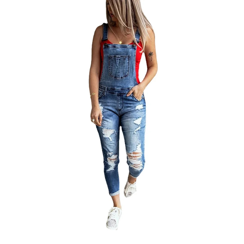 Women jeans  Retro Denim Bib Overalls Jumpsuits and Rompers Ladies Ripped Hole Casual Jeans.