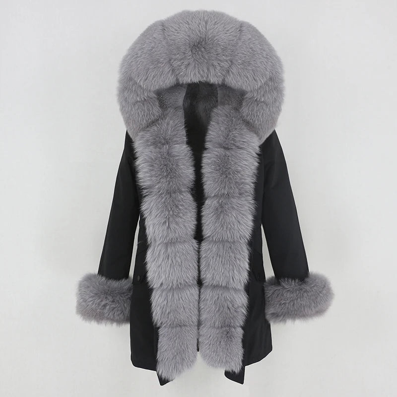 Winter Jacket Women Real Fur Coat Natural Real Fox Fur Collar Loose Long Parkas Big Outerwear Detachable