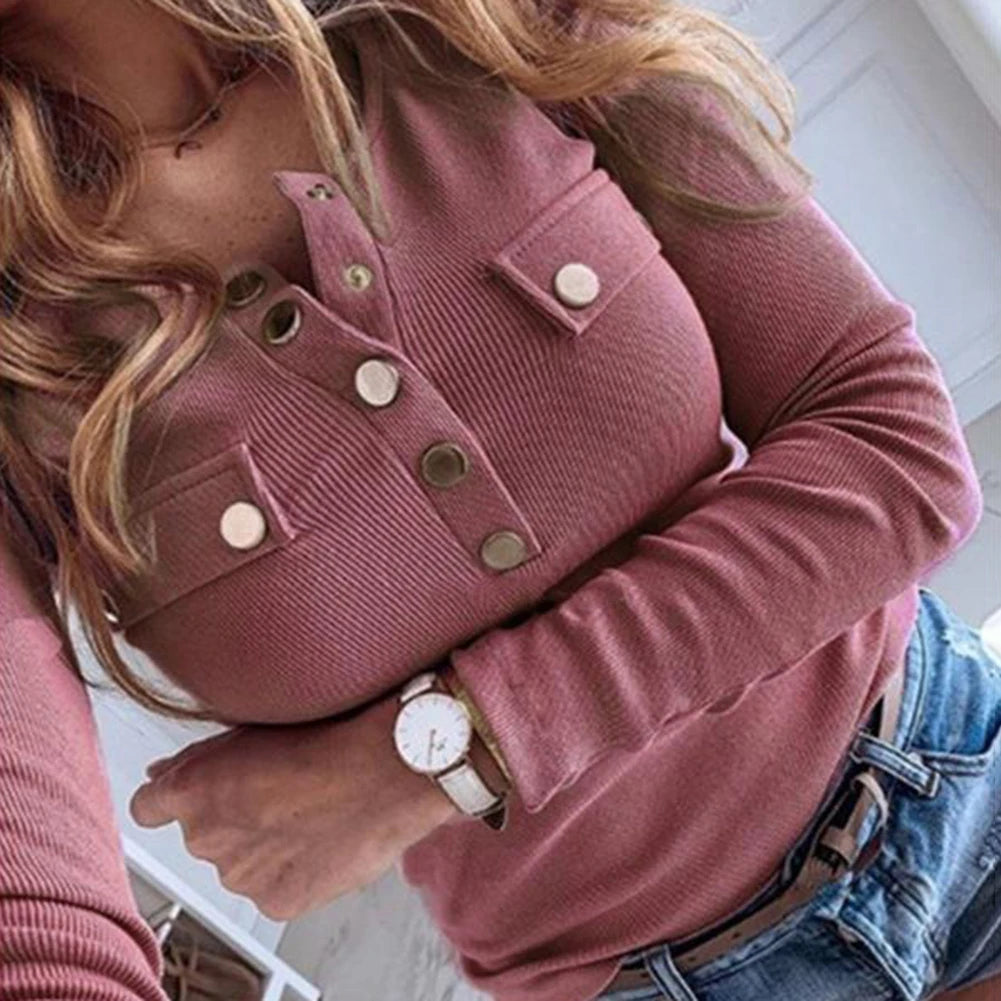 Fashion for Women Long Sleeve Solid Colour Button-s Ribbed Slim