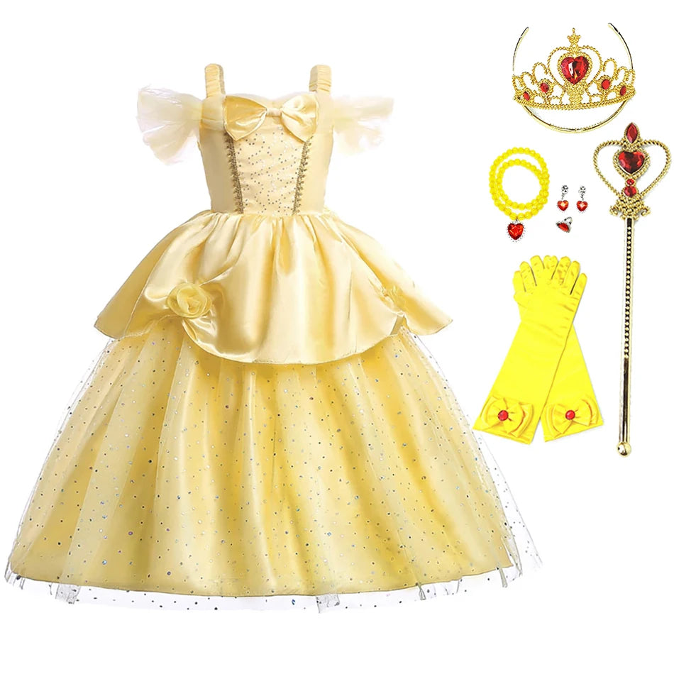 Kids Princess Dressing Girls Belle Party Costume ideally for Birthday designed detailing with Flower Beauty and Fancy Disguise