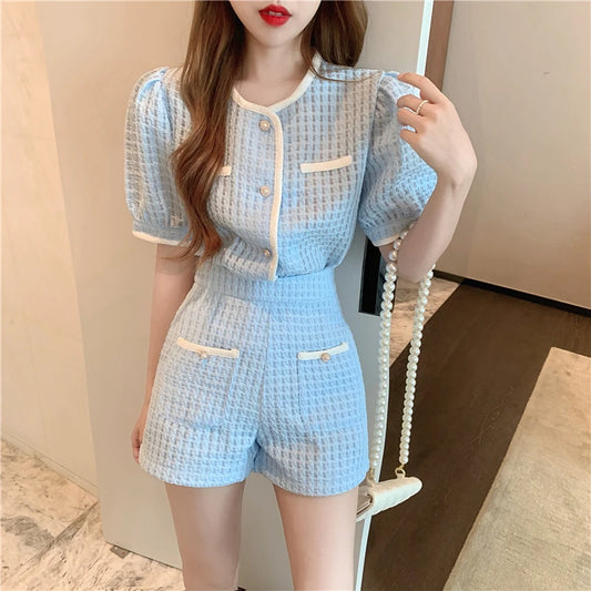 New Summer Elegant Women Blue Shorts Set Fashion Puff Sleeve Single Breasted White  Plaid Top High Waist Shorts 2 Piece Sets