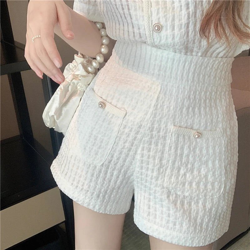 New Summer Elegant Women Blue Shorts Set Fashion Puff Sleeve Single Breasted White  Plaid Top High Waist Shorts 2 Piece Sets