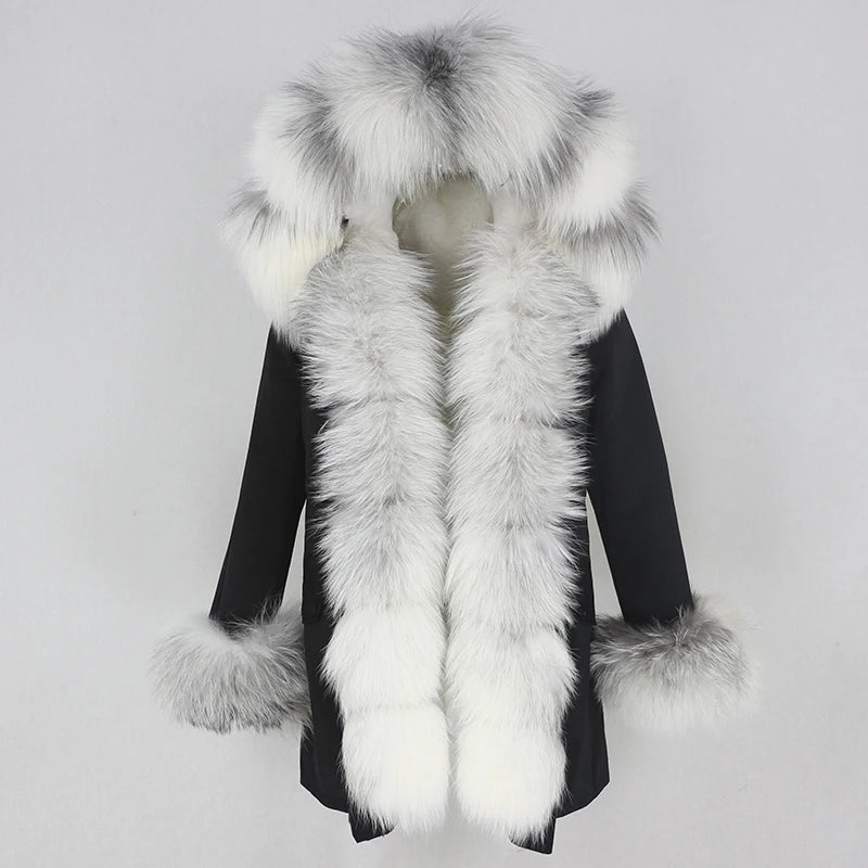 Winter Jacket Women Real Fur Coat Natural Real Fox Fur Collar Loose Long Parkas Big Outerwear Detachable