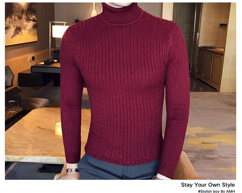 Casual Men Winter High Solid Color Sweater Turtleneck Brand Mens White Sweaters Slim Knitted Fit Pullover Twist Striped Knitwear