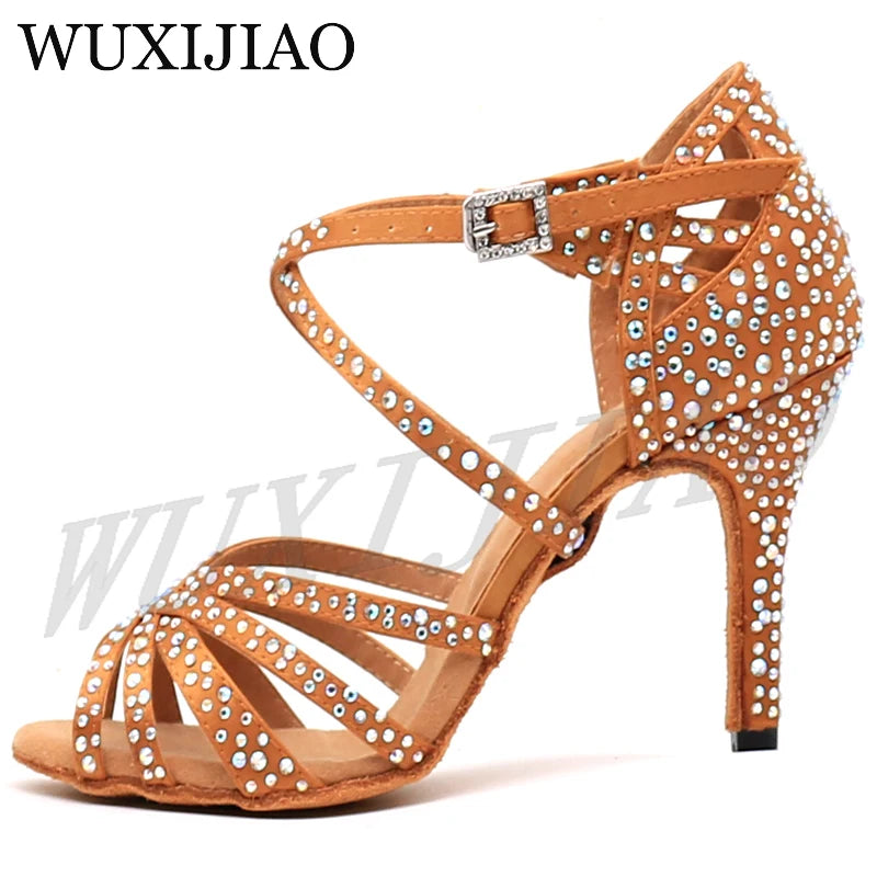 WUXIJIAO Women Party Dance Shoes  Satin Shining rhinestones Soft Bottom Latin Dance Woman shoes