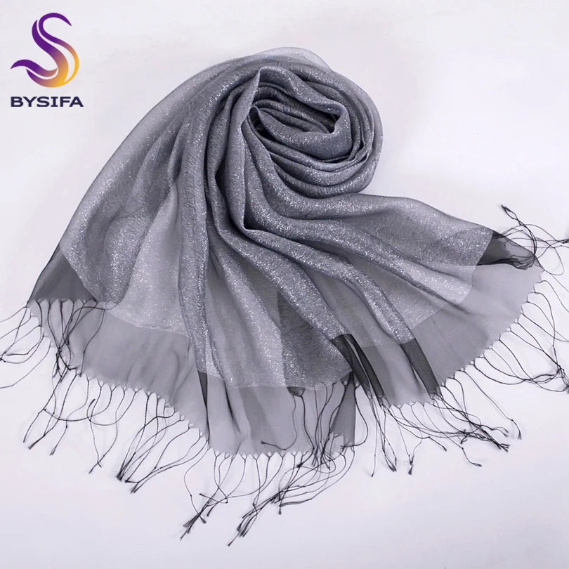 New Elegant Organza 100% Mulberry Silk Silver Grey Female Long Autumn Winter Ladies Tassel Cape