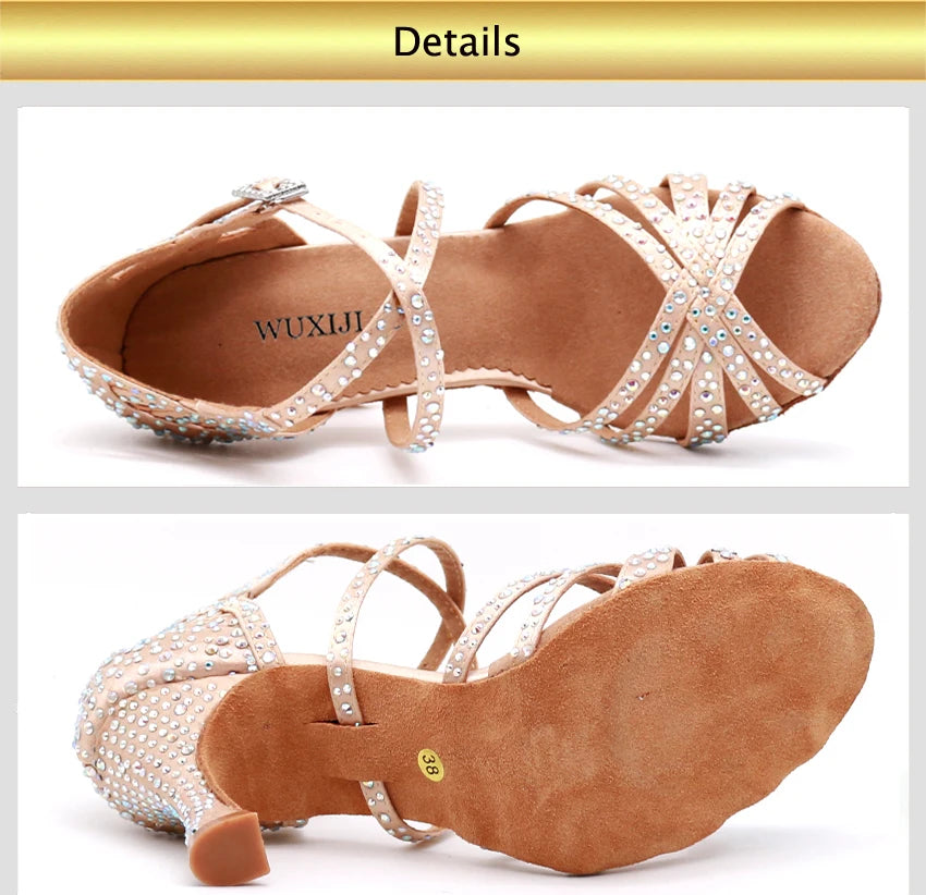 WUXIJIAO Women Party Dance Shoes  Satin Shining rhinestones Soft Bottom Latin Dance Woman shoes