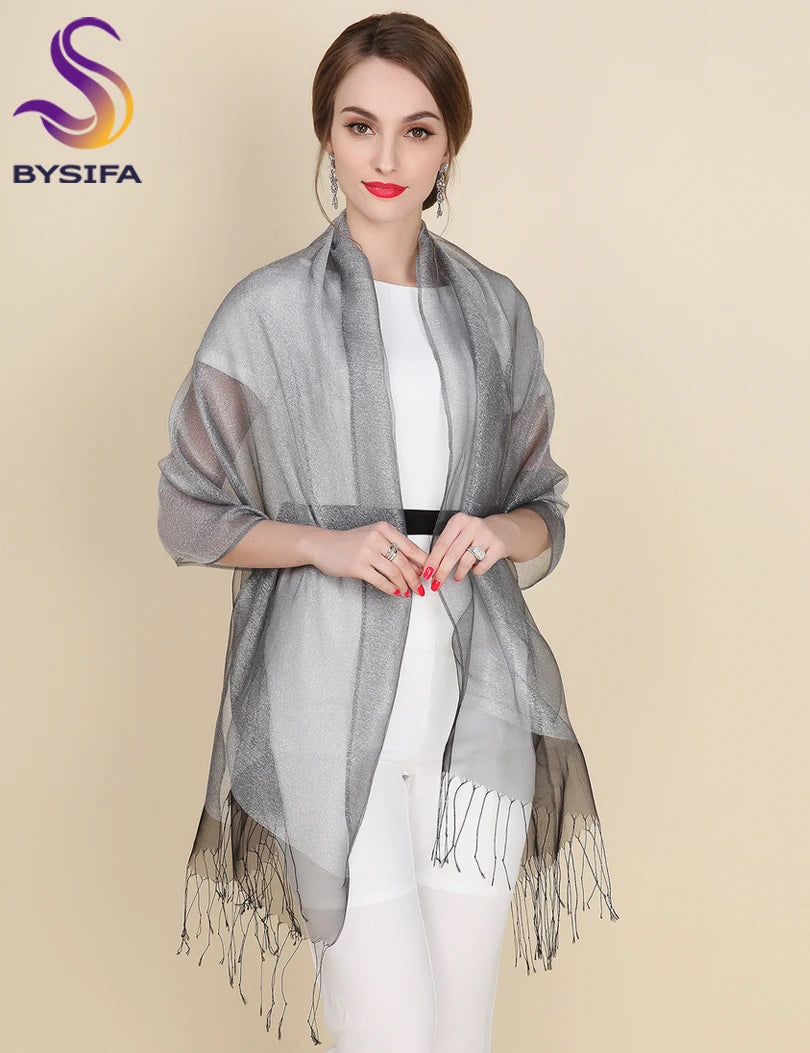 New Elegant Organza 100% Mulberry Silk Silver Grey Female Long Autumn Winter Ladies Tassel Cape