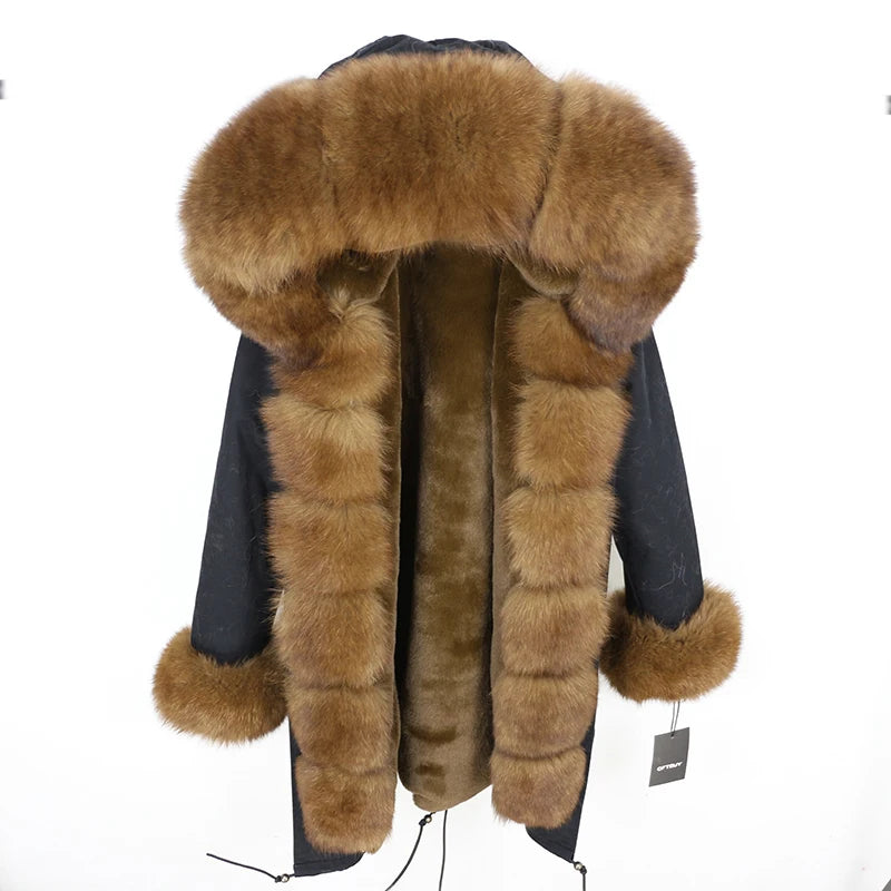 Winter Jacket Women Real Fur Coat Natural Real Fox Fur Collar Loose Long Parkas Big Outerwear Detachable