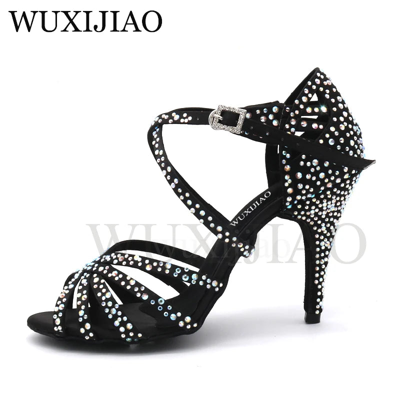 WUXIJIAO Women Party Dance Shoes  Satin Shining rhinestones Soft Bottom Latin Dance Woman shoes