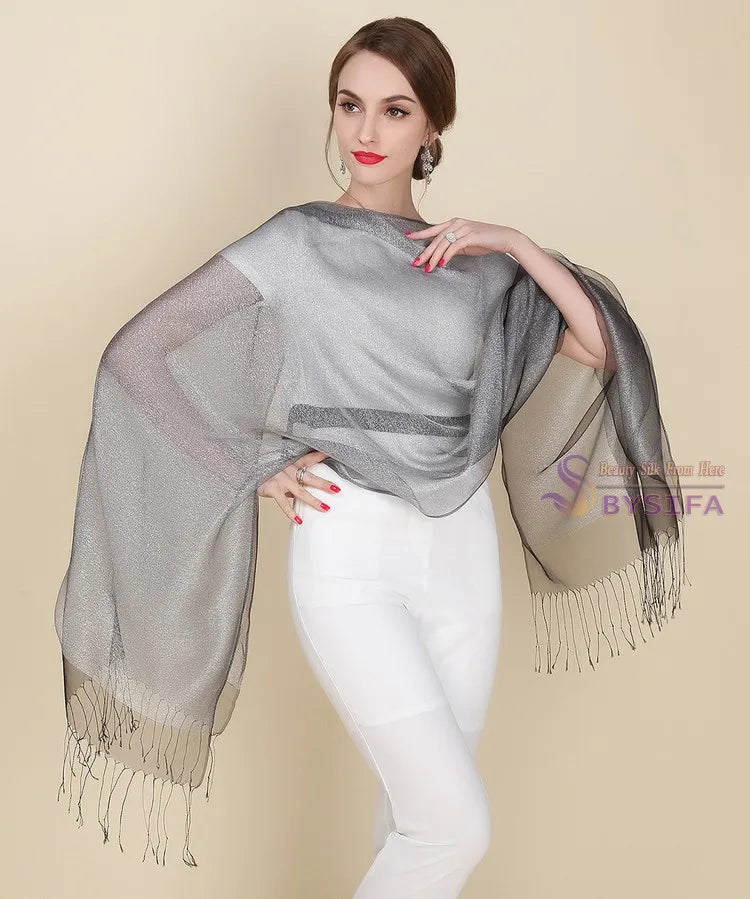 New Elegant Organza 100% Mulberry Silk Silver Grey Female Long Autumn Winter Ladies Tassel Cape