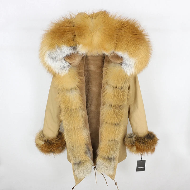 Winter Jacket Women Real Fur Coat Natural Real Fox Fur Collar Loose Long Parkas Big Outerwear Detachable