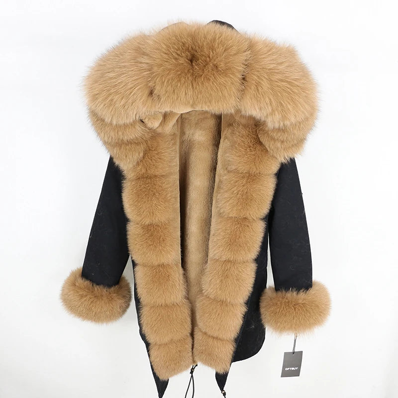 Winter Jacket Women Real Fur Coat Natural Real Fox Fur Collar Loose Long Parkas Big Outerwear Detachable