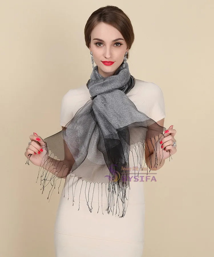 New Elegant Organza 100% Mulberry Silk Silver Grey Female Long Autumn Winter Ladies Tassel Cape