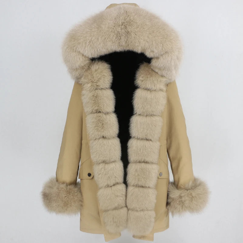 Winter Jacket Women Real Fur Coat Natural Real Fox Fur Collar Loose Long Parkas Big Outerwear Detachable