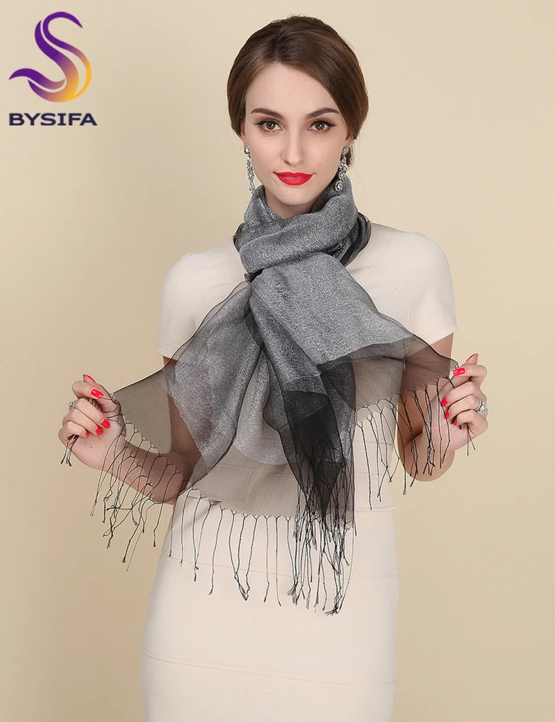 New Elegant Organza 100% Mulberry Silk Silver Grey Female Long Autumn Winter Ladies Tassel Cape