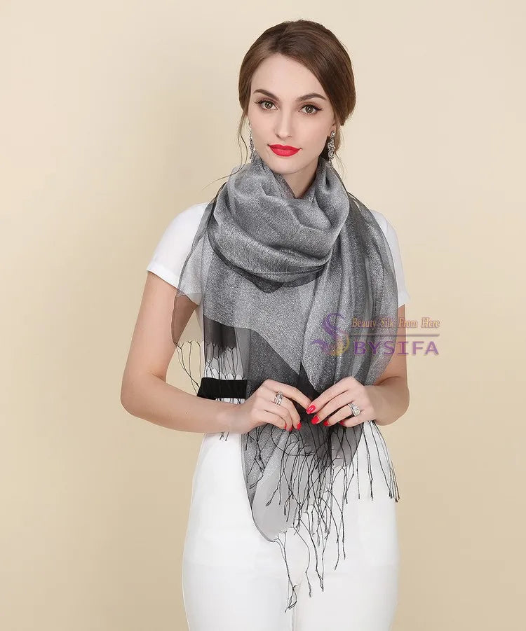 New Elegant Organza 100% Mulberry Silk Silver Grey Female Long Autumn Winter Ladies Tassel Cape