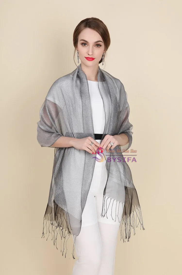 New Elegant Organza 100% Mulberry Silk Silver Grey Female Long Autumn Winter Ladies Tassel Cape