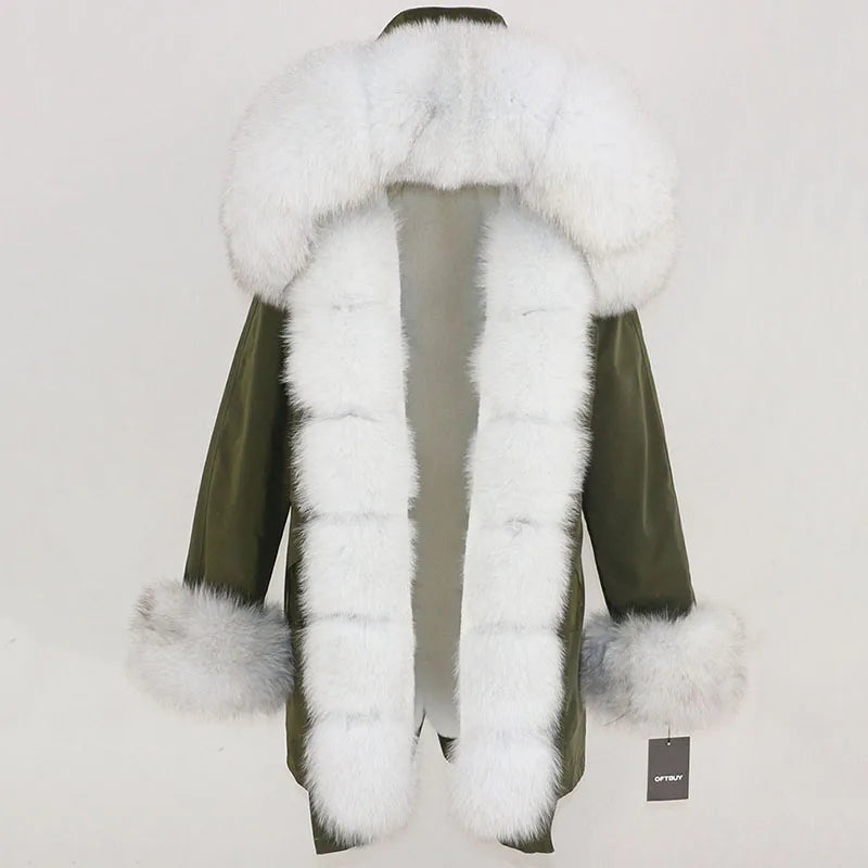 Winter Jacket Women Real Fur Coat Natural Real Fox Fur Collar Loose Long Parkas Big Outerwear Detachable