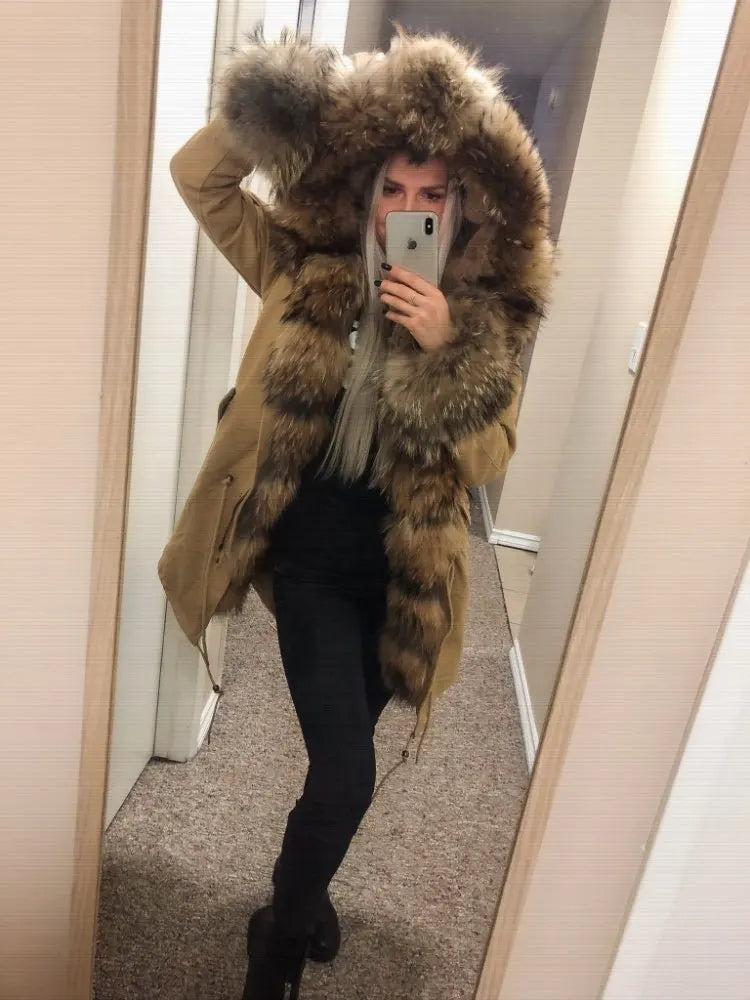 Winter Jacket Women Real Fur Coat Natural Real Fox Fur Collar Loose Long Parkas Big Outerwear Detachable