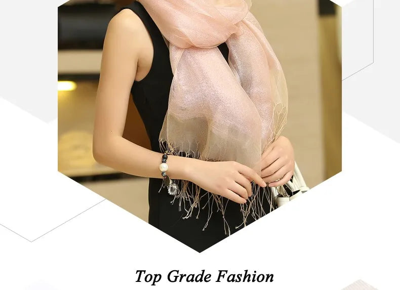 New Elegant Organza 100% Mulberry Silk Silver Grey Female Long Autumn Winter Ladies Tassel Cape