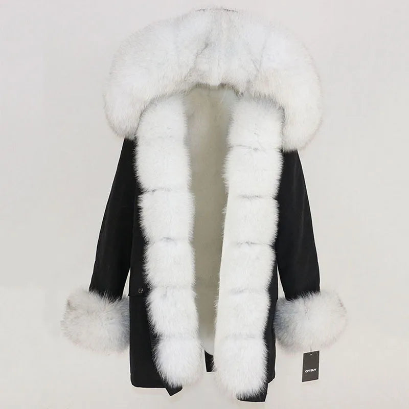 Winter Jacket Women Real Fur Coat Natural Real Fox Fur Collar Loose Long Parkas Big Outerwear Detachable