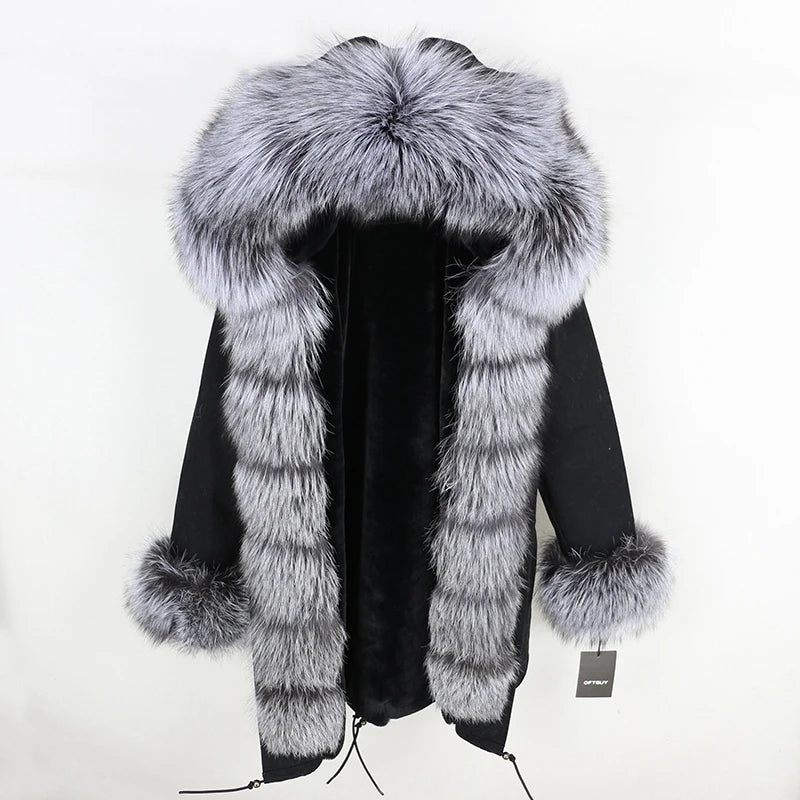 Winter Jacket Women Real Fur Coat Natural Real Fox Fur Collar Loose Long Parkas Big Outerwear Detachable