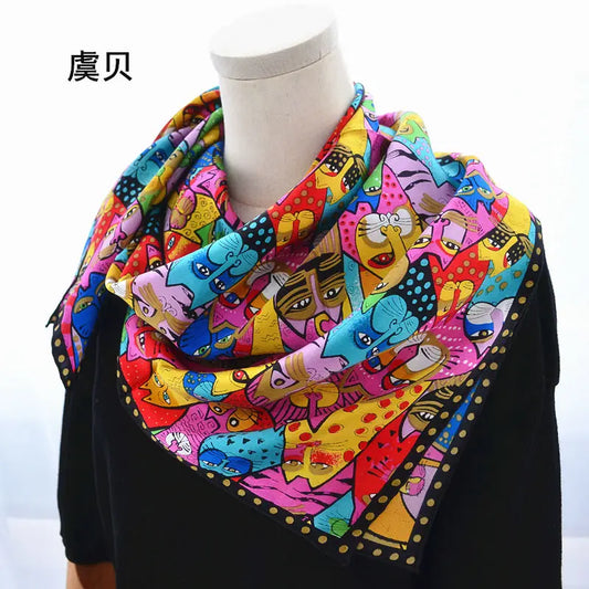 Cartoon cat 100% real natural silk scarf for girl and woman scarves gift spring autumn winter square scarves