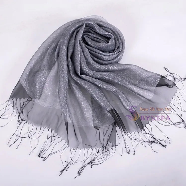 New Elegant Organza 100% Mulberry Silk Silver Grey Female Long Autumn Winter Ladies Tassel Cape